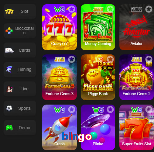 Main screen of Bingo game page for PK players